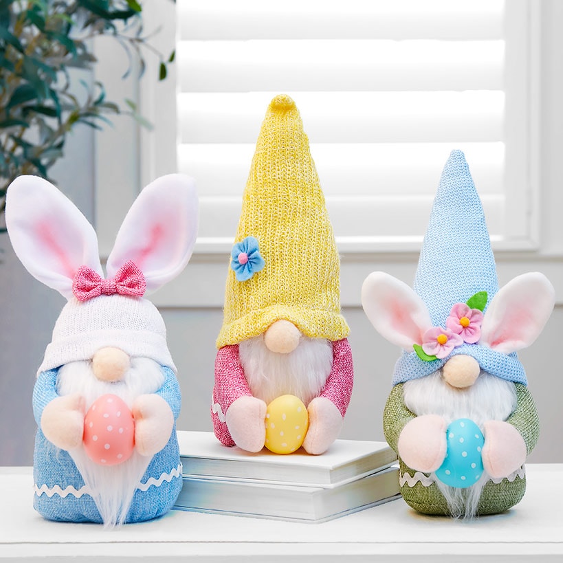 Plush Easter Gnomes Holding Eggs - Yellow Blue or Bunny Hat