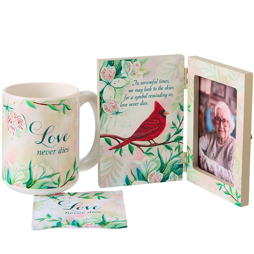 Cardinal Love Never Dies Mug \u0026 Coaster Set or Frame