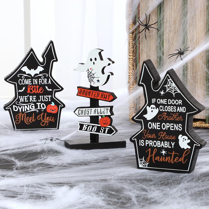 Halloween Tabletop Wood Decor In Black Cat Or Haunted Lane Trio