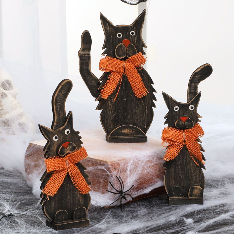 Halloween Tabletop Wood Decor In Black Cat Or Haunted Lane Trio