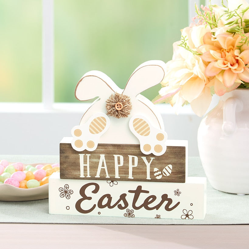 Happy Easter Stacked Block Sign with Bunny - Natural or Spring