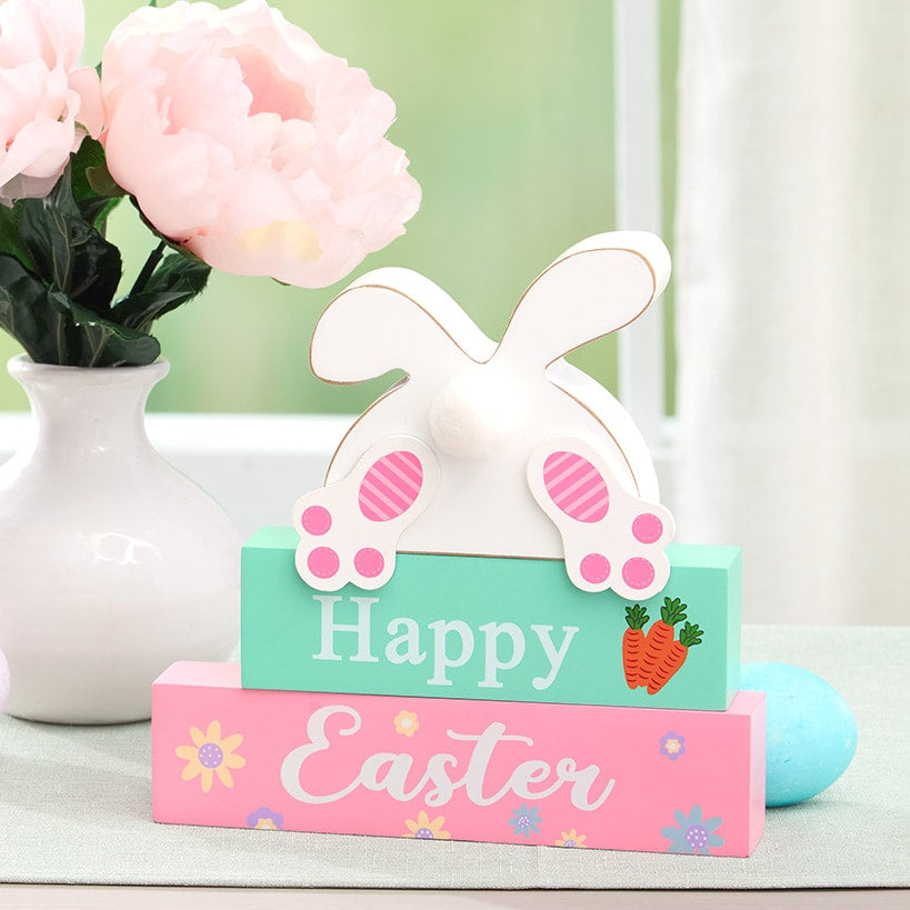 Happy Easter Stacked Block Sign with Bunny - Natural or Spring