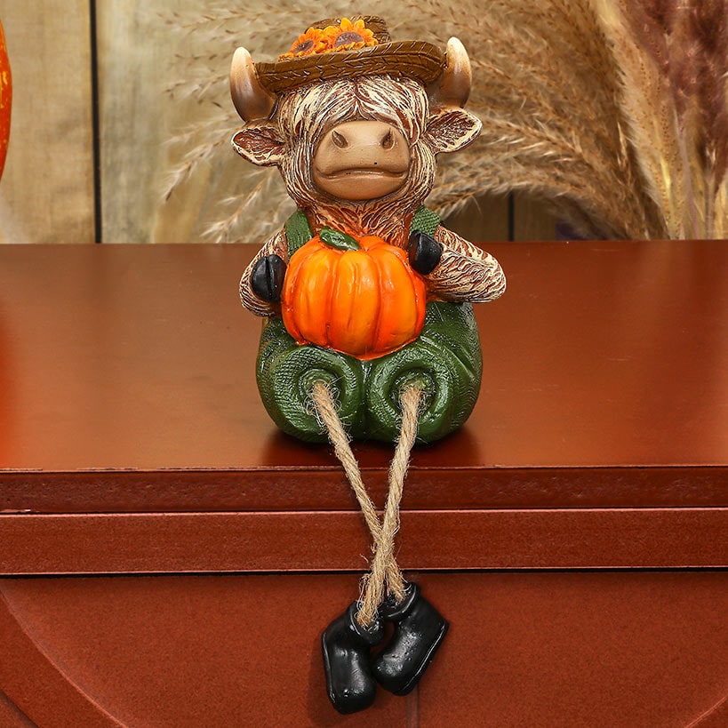 Highland Cow Shelf Sitter Girl With Sunflower Or Boy With Pumpkin